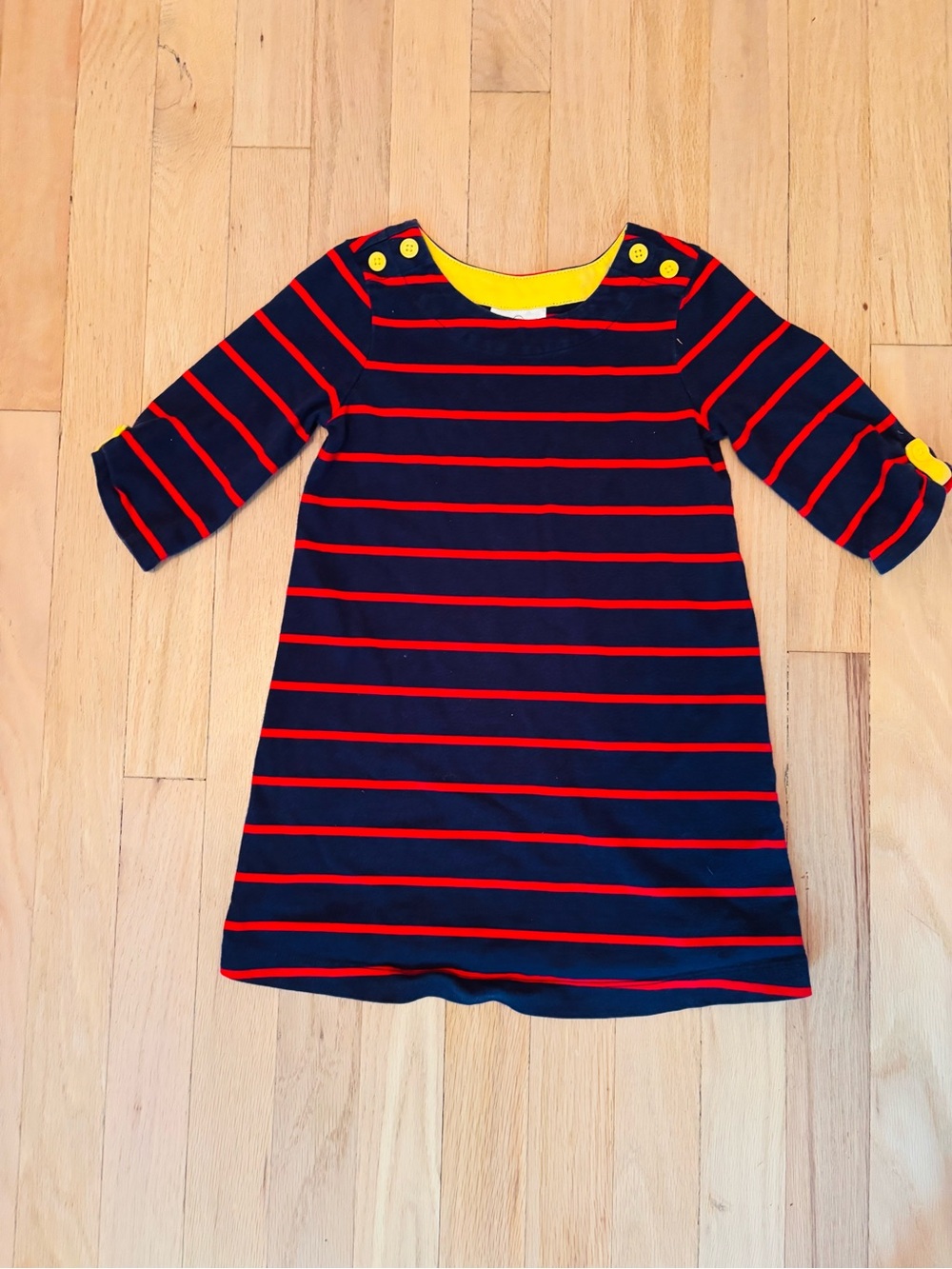 Hanna Andersson Blue & Red Striped Girls' Dress with Yellow Buttons Size: 4